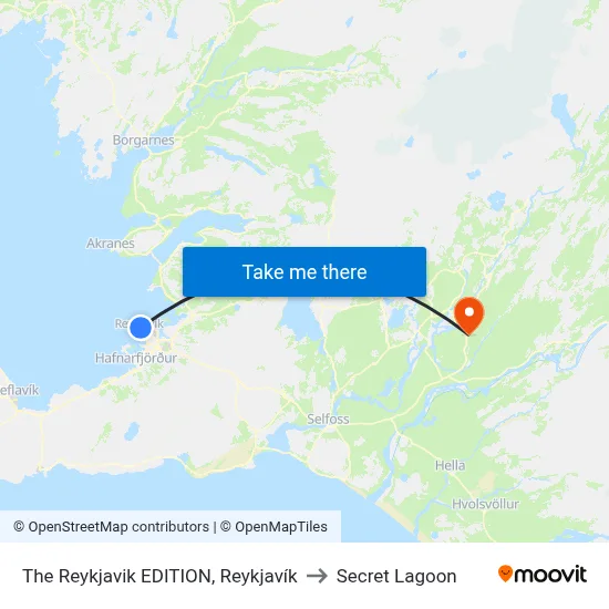 The Reykjavik EDITION, Reykjavík to Secret Lagoon map