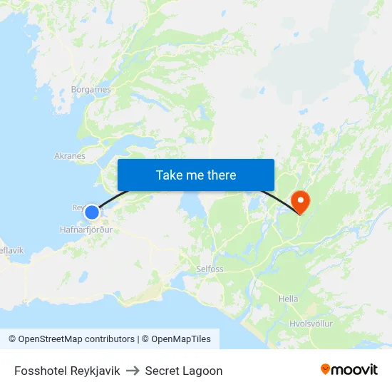 Fosshotel Reykjavik to Secret Lagoon map