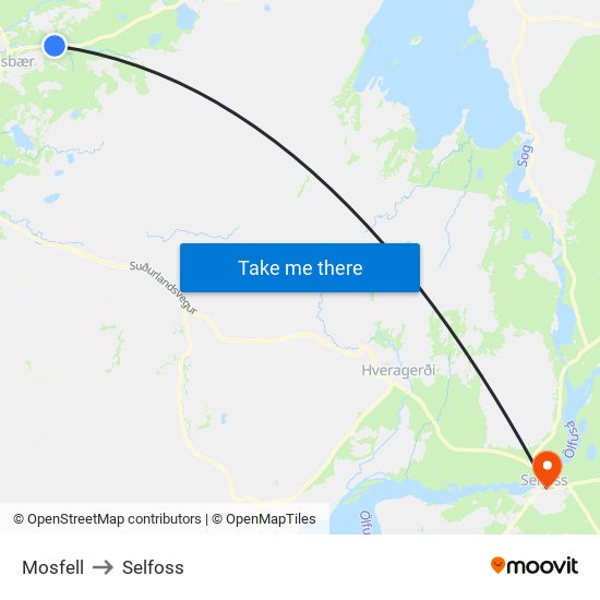 Mosfell to Selfoss map