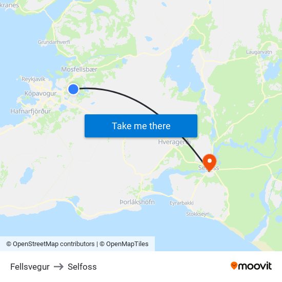 Fellsvegur to Selfoss map