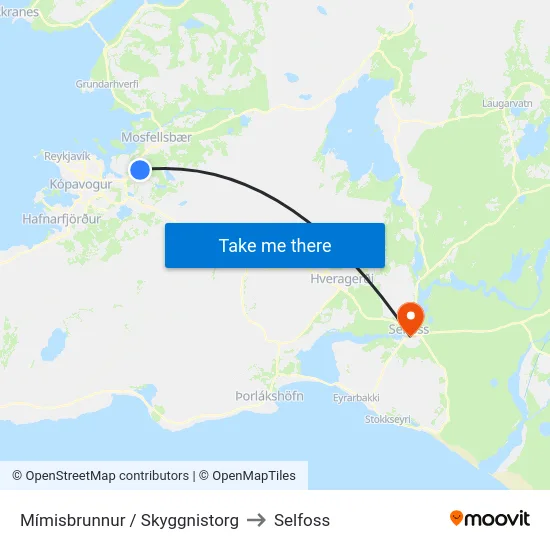 Mímisbrunnur / Skyggnistorg to Selfoss map