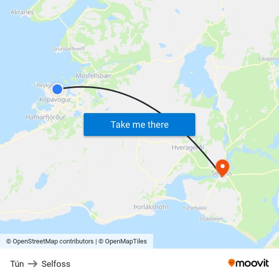 Tún to Selfoss map