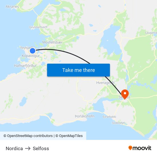 Nordica to Selfoss map