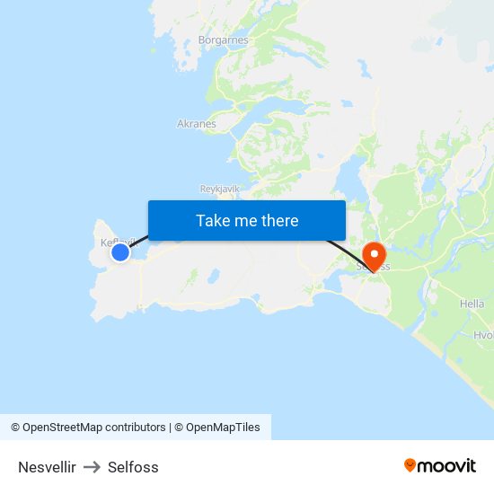 Nesvellir to Selfoss map