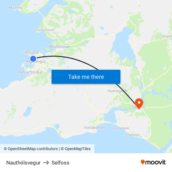 Nauthólsvegur to Selfoss map