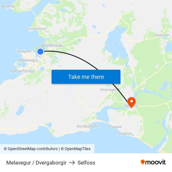 Melavegur / Dvergaborgir to Selfoss map