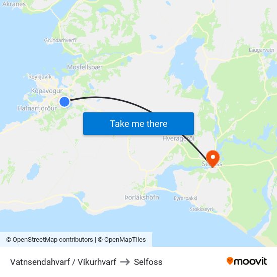 Vatnsendahvarf / Víkurhvarf to Selfoss map