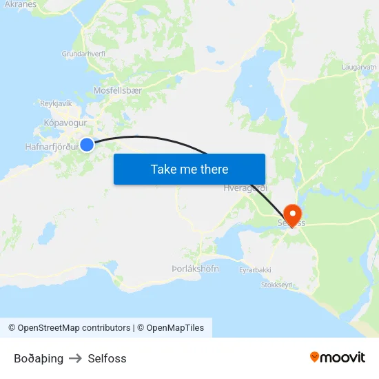 Boðaþing to Selfoss map