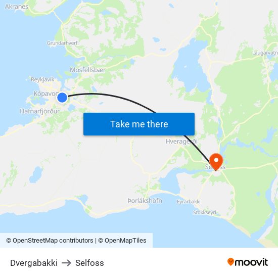 Dvergabakki to Selfoss map