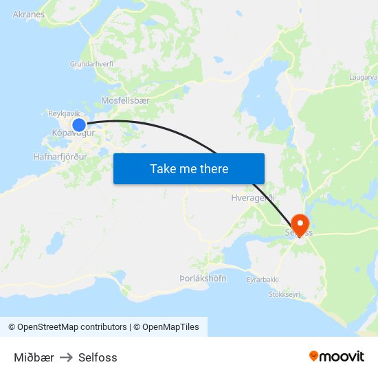 Miðbær to Selfoss map
