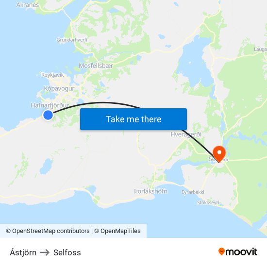 Ástjörn to Selfoss map
