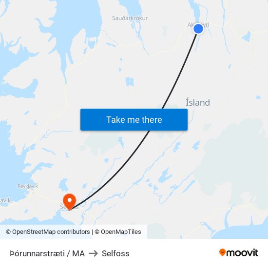 Þórunnarstræti / MA to Selfoss map