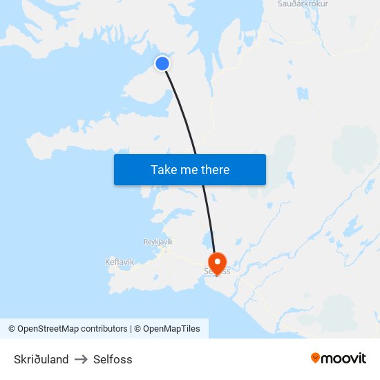Skriðuland to Selfoss map