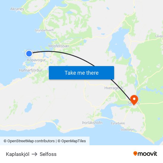Kaplaskjól to Selfoss map