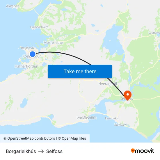 Borgarleikhús to Selfoss map