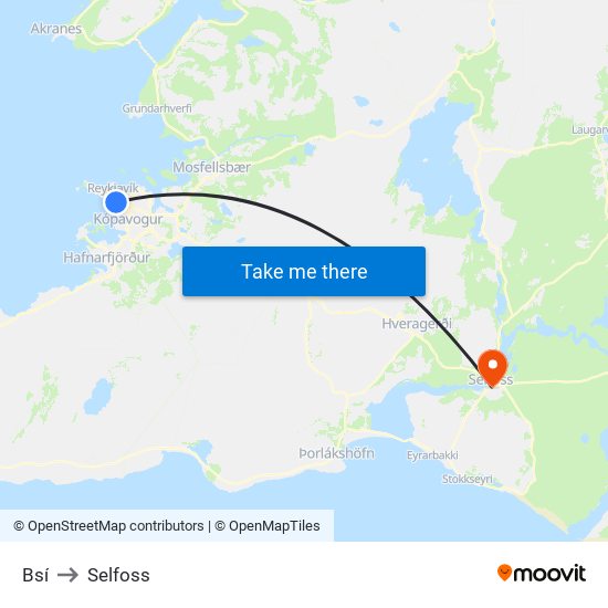 Bsí to Selfoss map