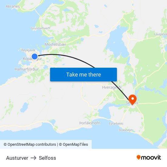 Austurver to Selfoss map