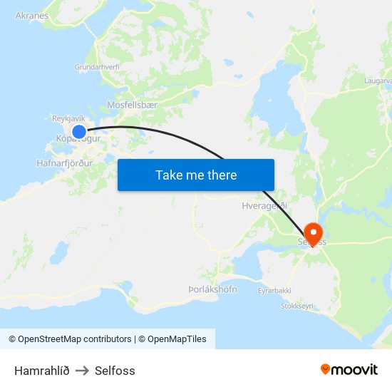 Hamrahlíð to Selfoss map
