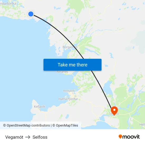 Vegamót to Selfoss map