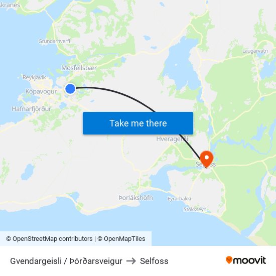 Gvendargeisli / Þórðarsveigur to Selfoss map