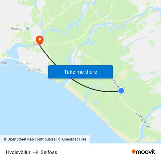 Hvolsvöllur to Selfoss map