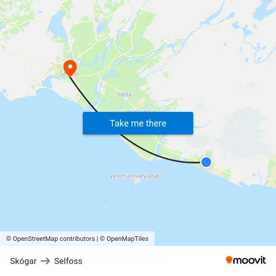 Skógar to Selfoss map