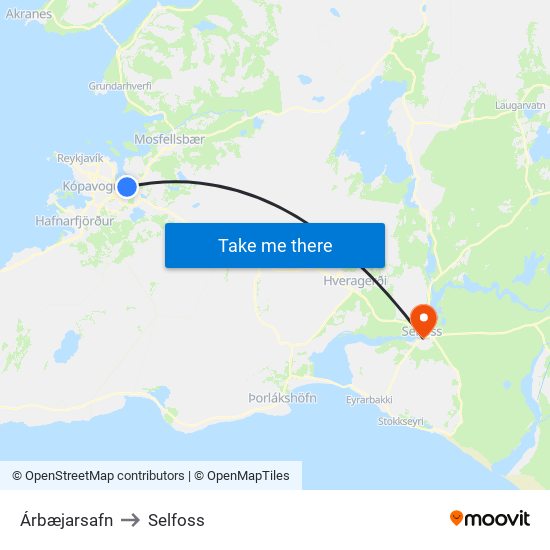 Árbæjarsafn to Selfoss map
