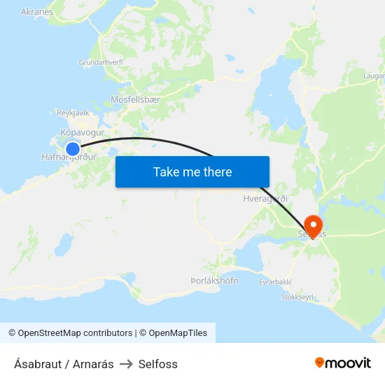 Arnarás to Selfoss map