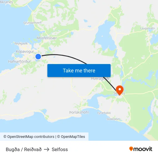 Bugða / Reiðvað to Selfoss map