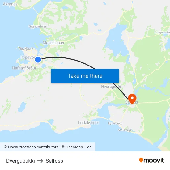Dvergabakki to Selfoss map