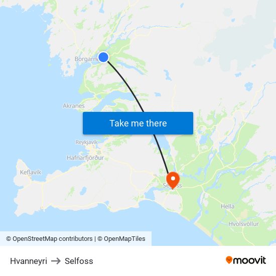 Hvanneyri to Selfoss map