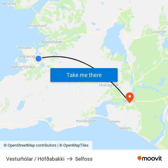 Vesturhólar / Höfðabakki to Selfoss map