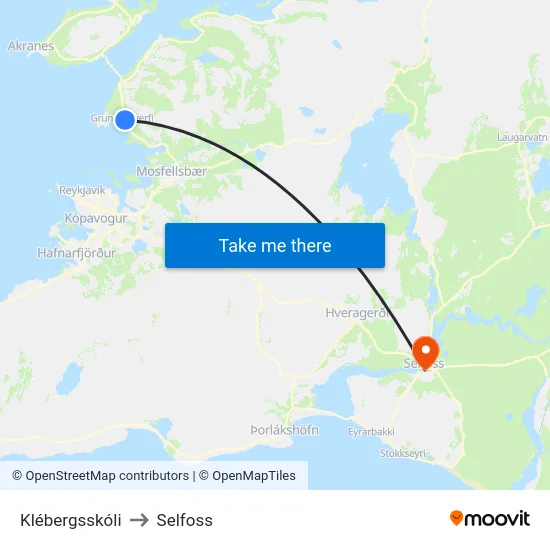 Klébergsskóli to Selfoss map