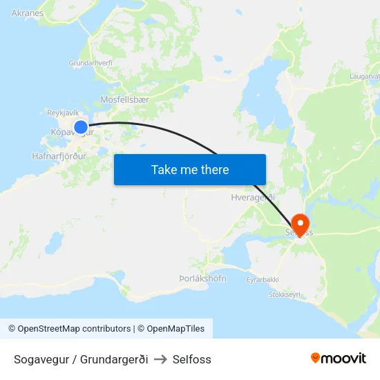 Sogavegur / Grundargerði to Selfoss map