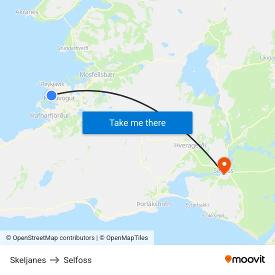 Skeljanes to Selfoss map
