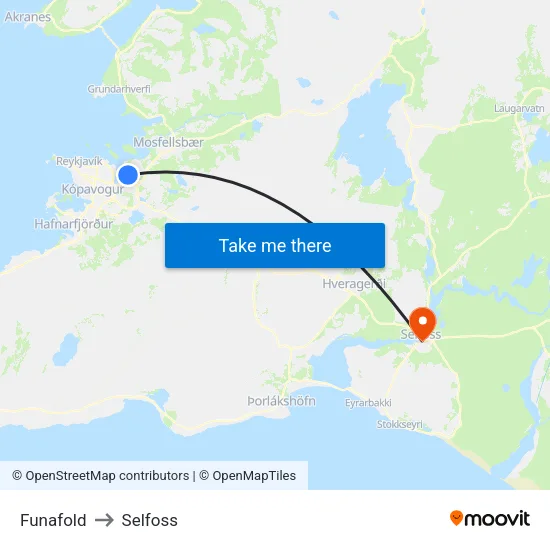 Funafold to Selfoss map