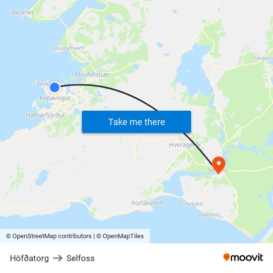 Höfðatorg to Selfoss map