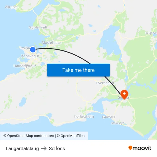 Laugardalslaug to Selfoss map