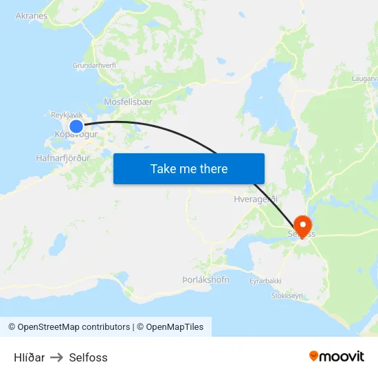 Hlíðar to Selfoss map
