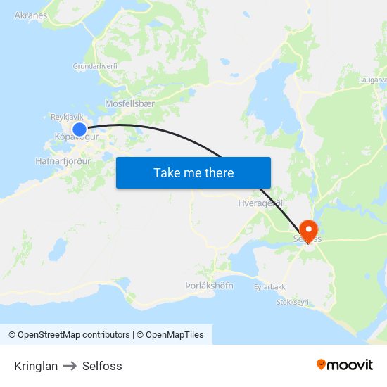 Kringlan to Selfoss map
