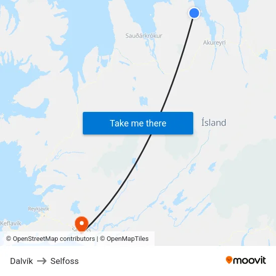 Dalvík to Selfoss map