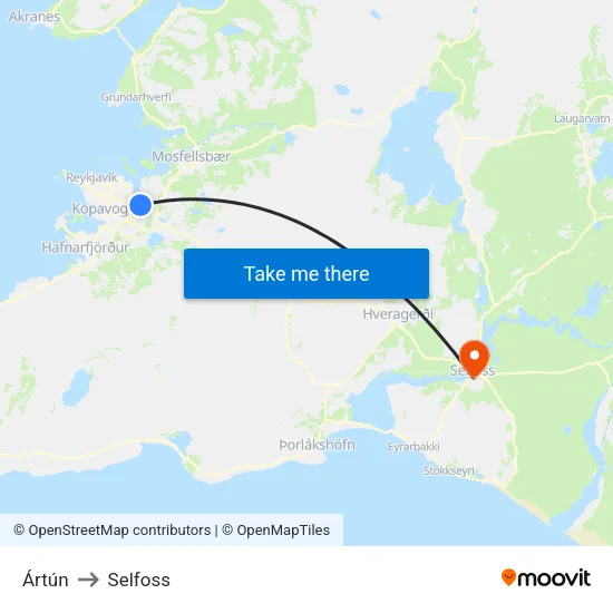 Ártún to Selfoss map