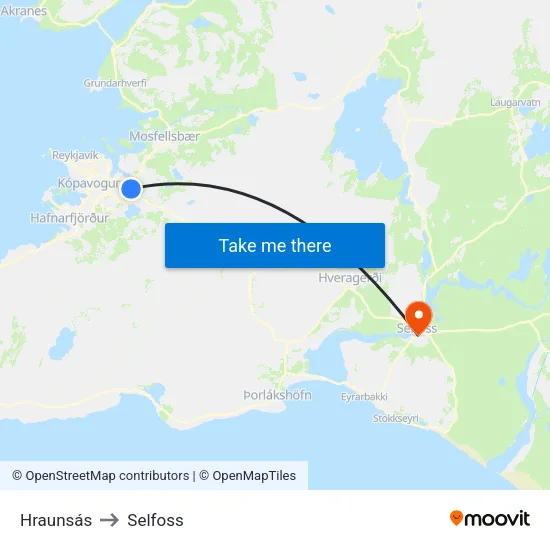 Hraunsás to Selfoss map