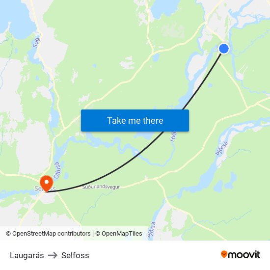 Laugarás to Selfoss map