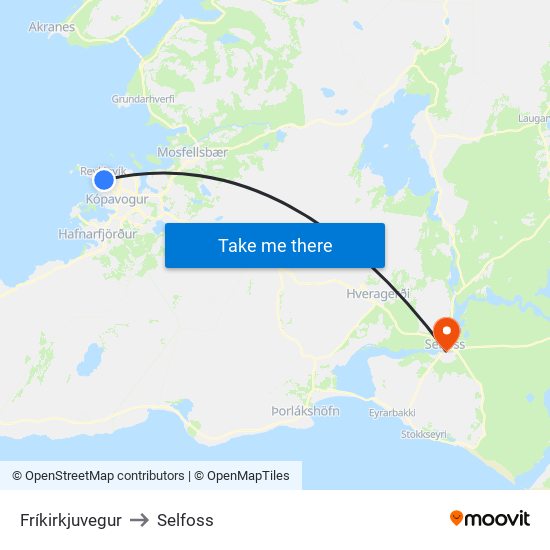 Fríkirkjuvegur to Selfoss map