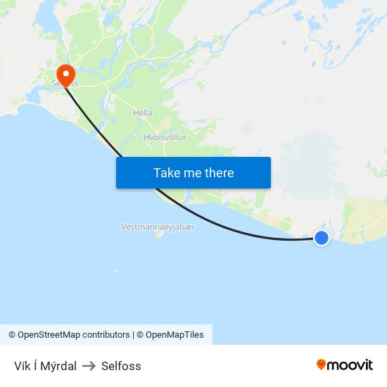 Vík Í Mýrdal to Selfoss map