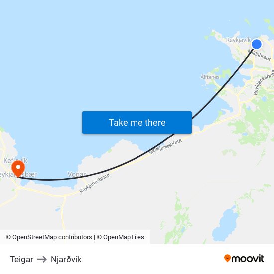 Teigar to Njarðvík map