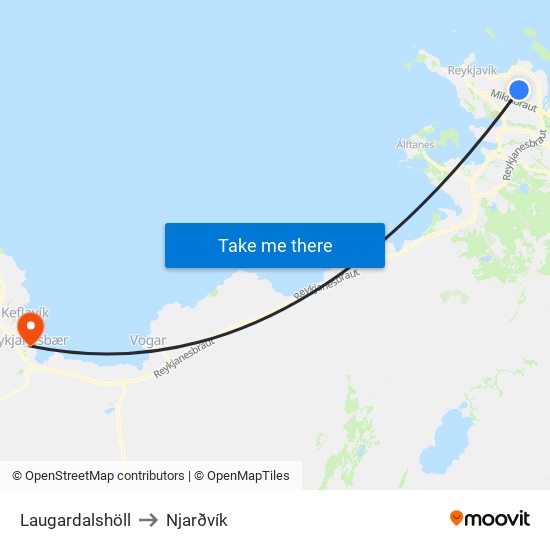Laugardalshöll to Njarðvík map