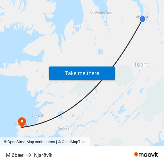 Miðbær to Njarðvík map