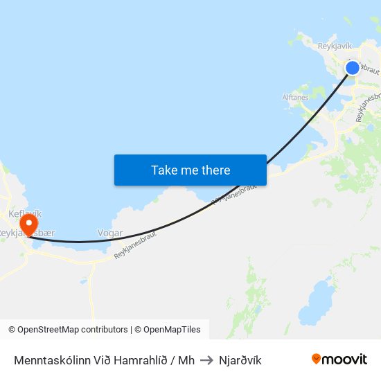 Menntaskólinn Við Hamrahlíð / Mh to Njarðvík map